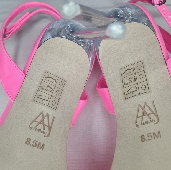 AAJ By Aminah Zayn Lucite Heel Asymmetrical Strap Dress Sandals - Neno Pink $150 - Picture 7 of 15